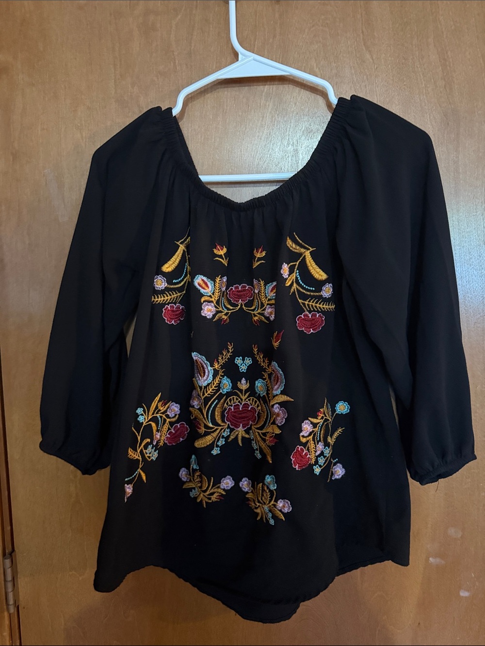 Black Off-Shoulder Embroidered Boho Blouse